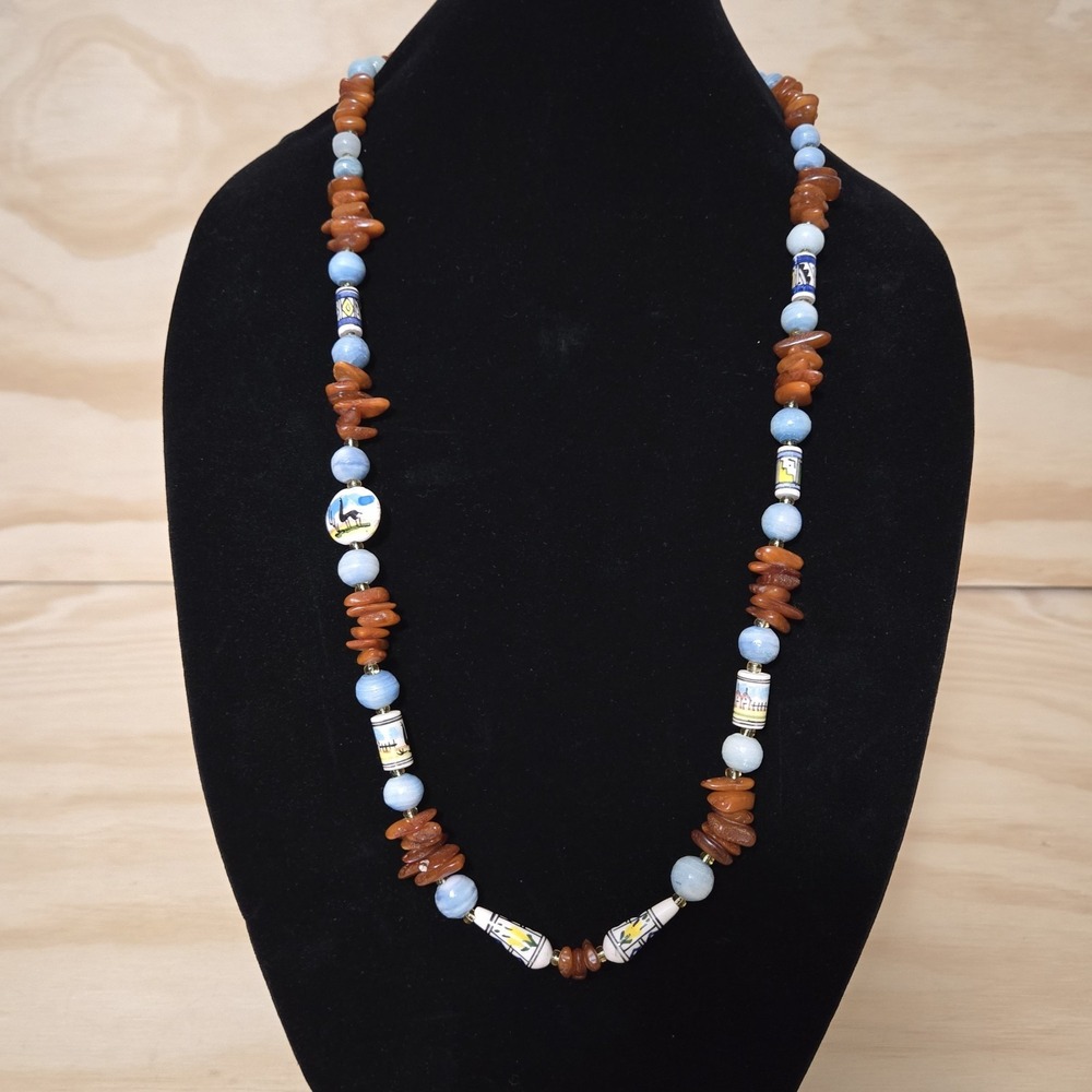 Vtg Genuine Amber Chip Hand Painted Ceramic Bead Necklace Blue Artisan Folk Art